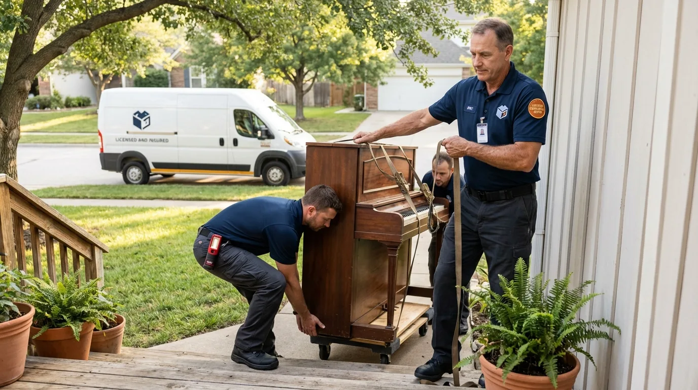Licensed piano movers securing grand piano in Lewiston, MI