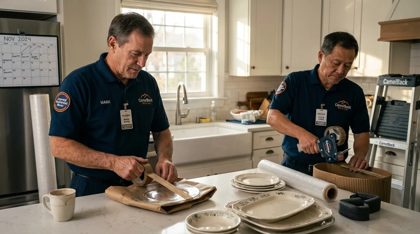 Professional crew packing kitchen dishware in Lewiston, MI